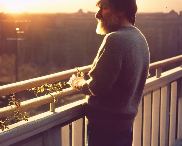 Image similar to award - winning lomographic tarkovsky film still of 4 0 years russian man with beard and sweater standing on small hrushevka 9 th floor balcony in taiga looking at sunset, kodak ektar, bokeh