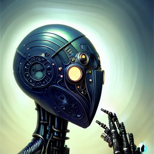 Image similar to low angle portrait shot of a cyberpunk gazmask robot character, intricate, elegant, highly detailed, centered, digital painting, artstation, concept art, smooth, sharp focus, illustration, artgerm, Tomasz Alen Kopera, Peter Mohrbacher, donato giancola, Joseph Christian Leyendecker, WLOP, Boris Vallejo