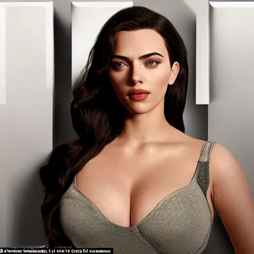 Image similar to a woman who is a genetic combination of kim kardashian and kat dennings and scarlett johansson and margot robbie and emma watson, face and upper - body focus, detailed eyes