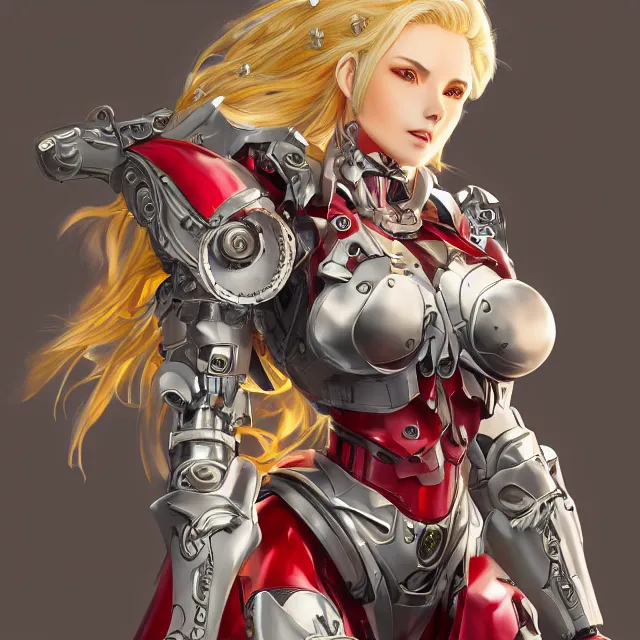 Prompt: studio portrait of lawful good colorful female holy mecha paladin absurdly beautiful, elegant, mature blonde gravure idol, ultrafine hyperrealistic detailed face illustration by kim jung gi, highly detailed faces, intricate linework, sharp focus, bright colors, matte, octopath traveler, unreal engine 5 highly rendered, global illumination, radiant light, intricate environment