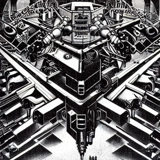 Prompt: combat mecha by m. c. escher, h. r. giger