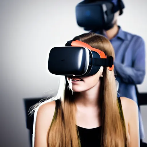 Prompt: female wearing virtual reality in a surreal environment