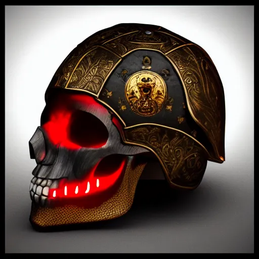 Prompt: specialized medieval helmet with fine engraved details in the shape of a skull with glowing red eyes, high quality 3D render, concept art, 4K, UHD, High quality, Trending on Artstation HQ