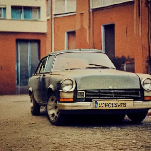 Prompt: low angle shot of russian car in soviet yard with block of flats, low grain film,polaroid, masterpiece, blur, mid day in style of william egglestone