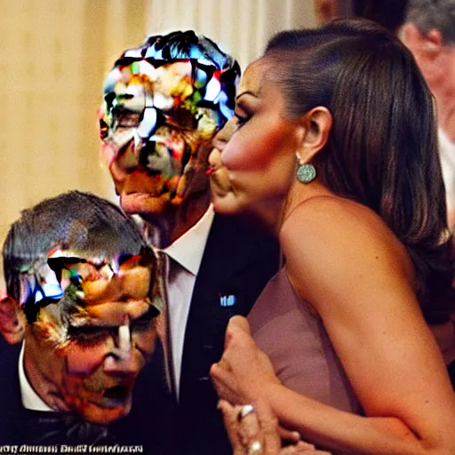 Image similar to Kermit and Obama kissing, Michelle Obama is in the background horrified