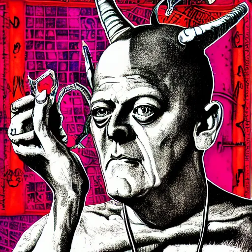 Image similar to graphic illustration, creative design, baphomet with aleister crowley, biopunk, francis bacon, highly detailed, hunter s thompson, mixed media