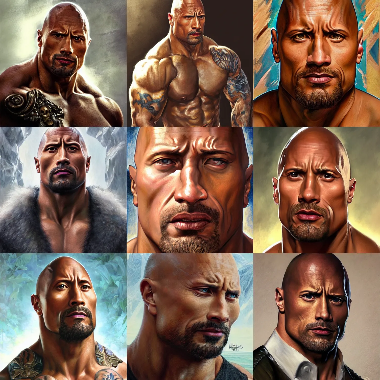 Prompt: Portrait of the Dwayne Johnson, unreal, fantasy, intricate, elegant, dramatic, highly detailed, photorealistic, digital painting, painterly, artstation, concept art, smooth, sharp focus, art by John Collier and Krenz Cushart and Artem Demura and Alphonse Mucha and Albert Aublet