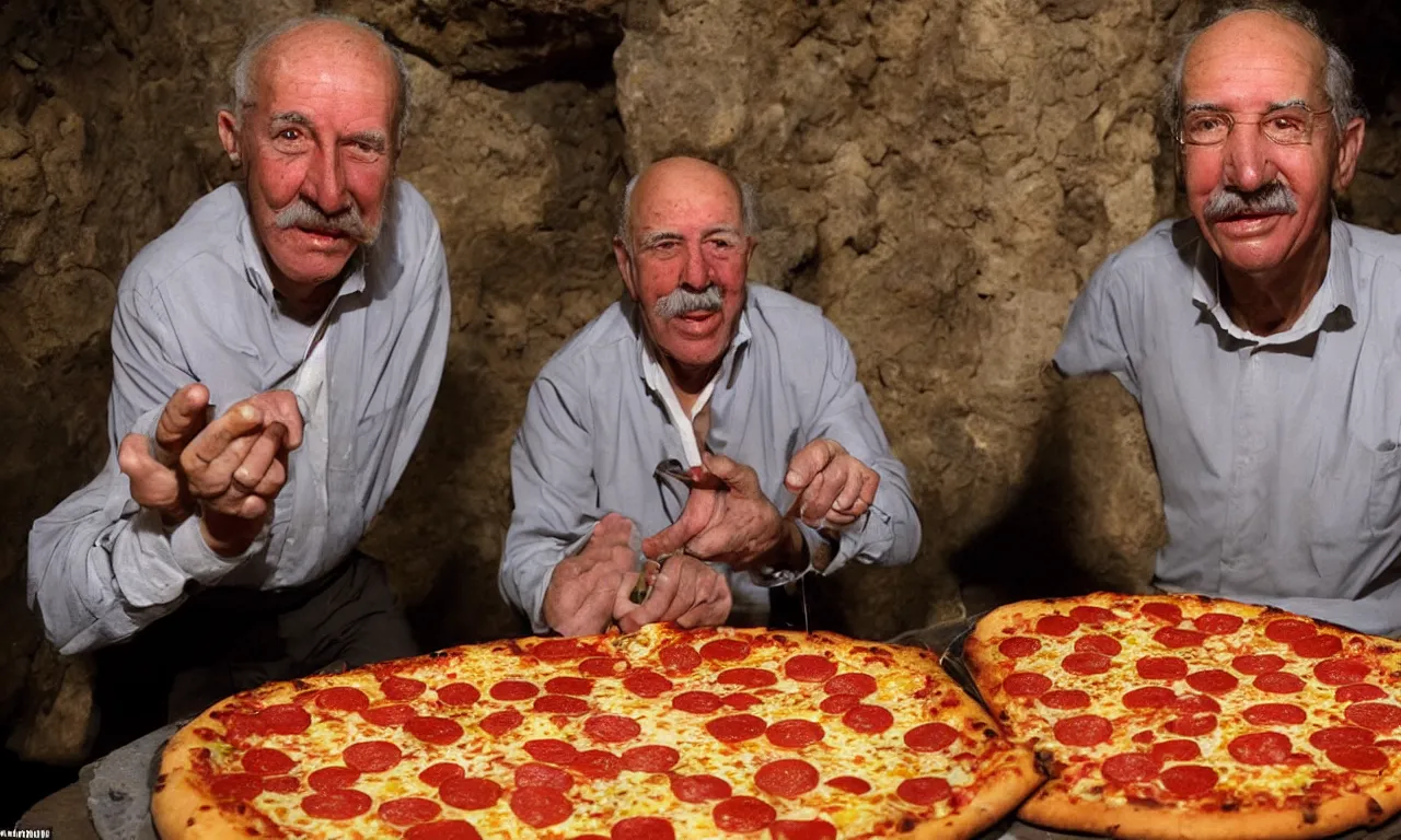 Image similar to Egyptologist Howard Carter excited to discover Pepperoni Pizza in Tutankhamun's tomb, Photorealistic, Photographic, Colorized