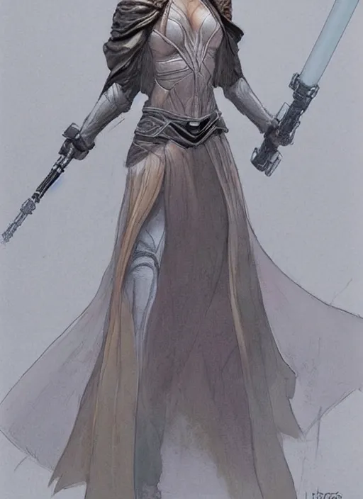 Prompt: concept art of a beautiful woman by iain mccaig and magali villeneuve, jedi master, highly detailed. star wars expanded universe, she is about 2 0 years old, wearing jedi robes.
