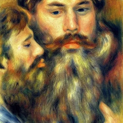 Prompt: art by renoir, bearded man kissing bearded man