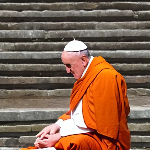 Image similar to Pope Francis becoming a Buddhist monk and meditating in the lotus pose