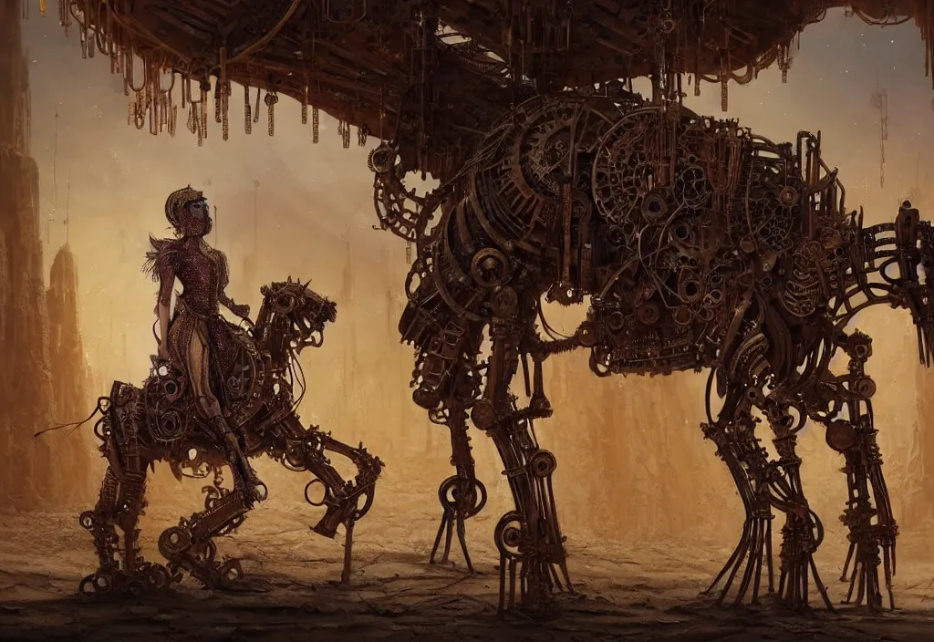 Image similar to A closeup human in arabian vestments performs a vivid magical ritual to resurrect a mechanical horse inside a ancient steel ruins are covered with barchans of sand. Art by Finnian MacManus, Simon Stalenhag, Arthur Rackham. Masterpiece, fantasy art, cinematic, hyperdetailed, photorealistic, postapocalyptic, steampunk, hyperrealism, octane render, 8k