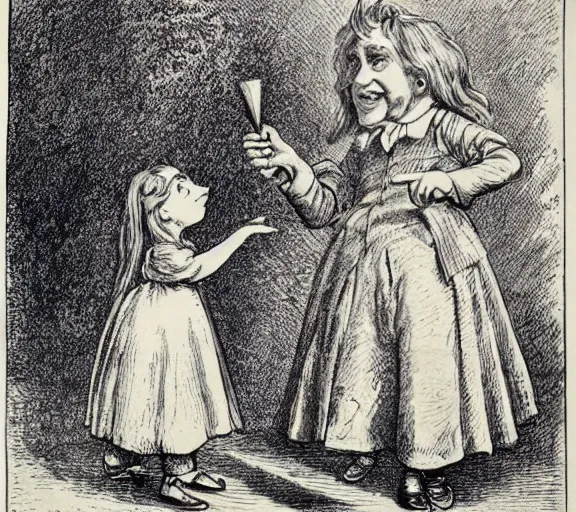 Image similar to Tenniel illustration portrait of Alice looking happy, Lewis Carrol