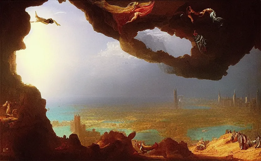 Image similar to “ the fall of dubai, in the style of thomas cole ”