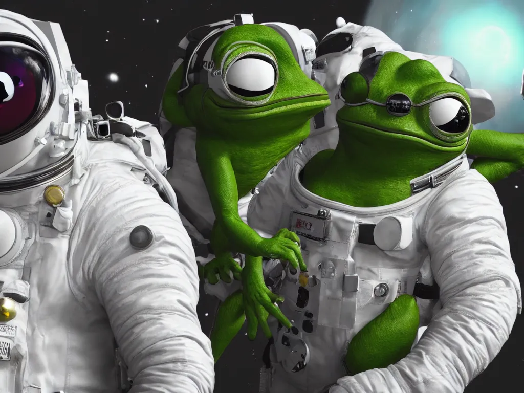 Image similar to hyper realistic, unreal engine 5, 8k, detailed, pepe the frog wearing spacesuit floating in space, photorealism