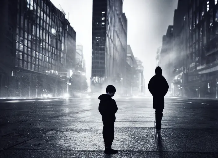 Image similar to boy from the back with a black hoodie staing at a white glowing angel in the sky, empty city street at night where there are only cars parked, heavy rain, dramatic lighting, cinematic, establishing shot, extremly high detail, photorealistic, cinematic lighting, post processed