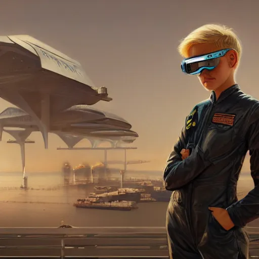 Prompt: highly detailed painting, lonely awkward brilliant female blond tomboy girl with short hair, wearing victorian dark goggles, looking at spaceships at dock, industrial space, science fiction, octane render, artstation, michael whelan, ron cobb, digital illustration