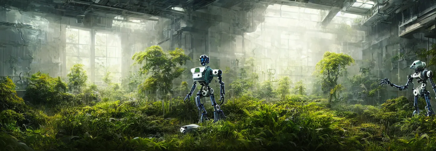 Prompt: brightly sunlit partially overgrown with plants and recently abandoned chemistry scientific laboratory from the distant future staffed by one dysfunctional dilapidated multiarmed bipedal robot, science fiction industrial hard science concept art, 8K render octane high definition cgsociety