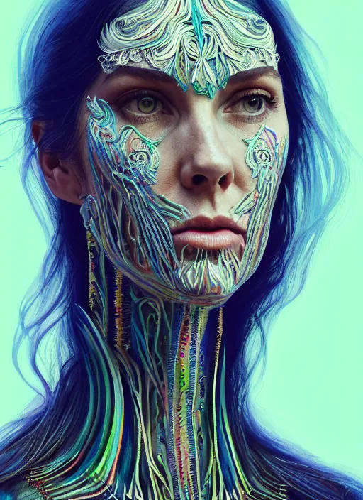 Image similar to portrait of catriona balfe as a long - neck woman with neck rings, hyper detailed ultra sharp trending on artstation, warpaint aesthetic, colorful, psychedelic, ornate, intricate, digital painting, concept art, smooth, sharp focus, illustration, art by artgerm and greg rutkowski and h. r. giger, 8 k