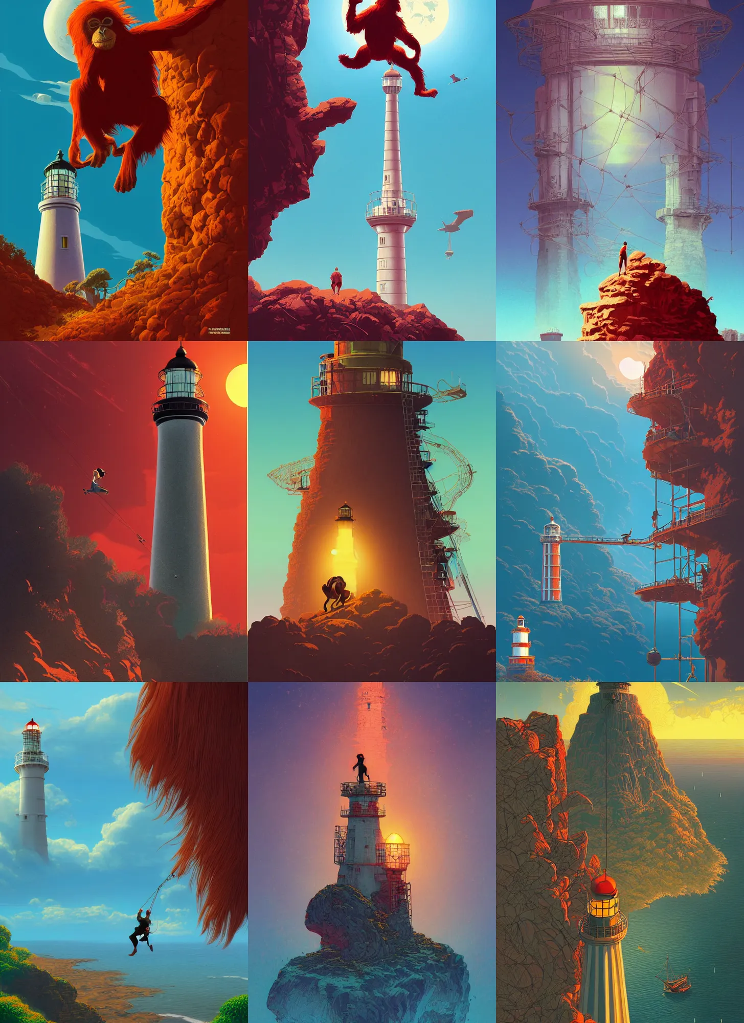 Prompt: travel poster artwork by michael whelan and tomer hanuka, rendering of climbing red orangutan over lighthouse, high contrast, full of details, by makoto shinkai and thomas kinkade, matte painting, trending on artstation and unreal engine