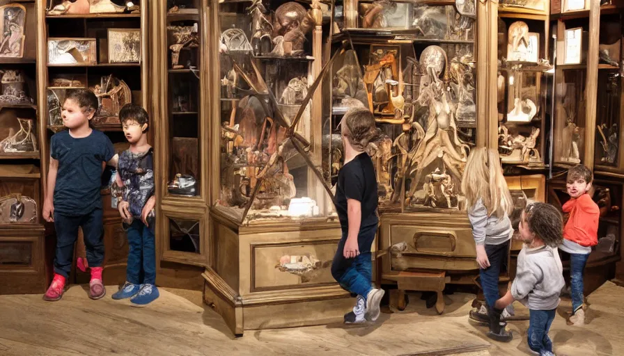 Image similar to three children playing in a giant cabinet of occult objects, museum, dark, realistic, intimidating