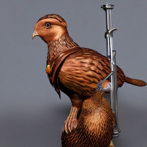 Image similar to a 3 d model of a grouse holding a blunderbuss, studio lighting, octane render, hyper detailed, product photography, 8 k, highly detailed