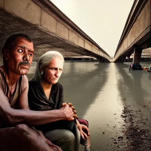 Image similar to poor people life under railway bridge, award winning, realistic, 4 k, hyper details, portrait by steve mccury and annie leibovitz and chindy sherman