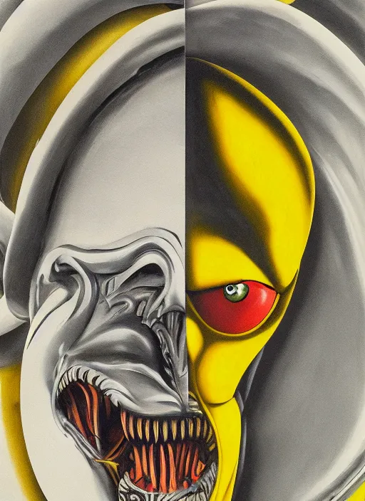 Image similar to a close up of a xenomorph face on a yellow background, an airbrush painting by osamu tezuka, behance, mingei, logo, concert poster, poster art