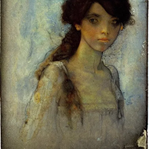 Image similar to a beautiful young lady with huge bright silver eyes, colored vintage daguerreotype by pontormo, by gustave moreau, by Mackintosh, by schiele, art noveau, highly detailed, strong lights, liminal, eerie, Bright pastel colors