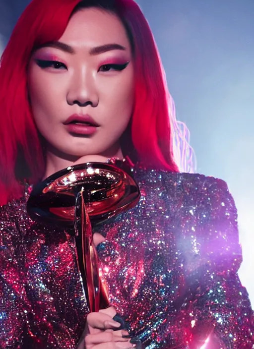 Image similar to rina sawayama winning a grammy award, red weapon 8 k s 3 5, cooke anamorphic / i lenses, highly detailed, cinematic lighting