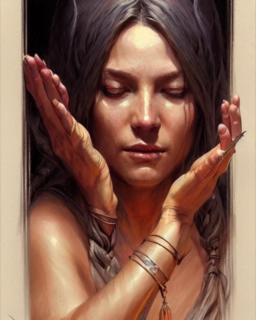 Image similar to a female priestess casting a healing spell | | pencil sketch, realistic shaded, fine details, realistic shaded lighting poster by greg rutkowski, magali villeneuve, artgerm, jeremy lipkin and michael garmash and rob rey