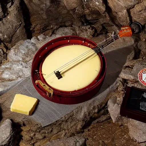 Prompt: a banjo made out of cheese in a vast cave lit by torchlight