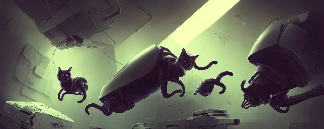 Image similar to duotone noir scifi concept dynamic illustration of 3 d mesh of alien cat inside box floating zero gravity glowing 3 d mesh portals futuristic, glowing eyes, octane render, surreal atmosphere, volumetric lighting. accidental renaissance. by sachin teng and sergey kolesov and ruan jia and heng z. graffiti art, scifi, fantasy, hyper detailed. trending on artstation