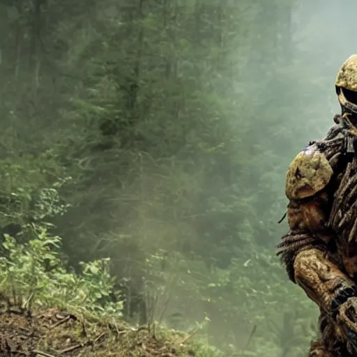 Image similar to cinematic, 4 k, full body portrait, rock golem as a soldier smoking a cigarette, still from the movie predator
