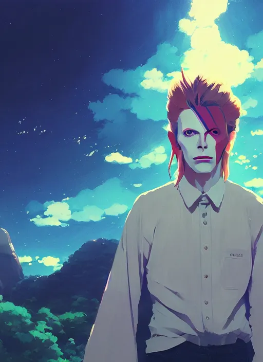 Image similar to portrait of david bowie, cloudy sky background lush landscape illustration concept art anime key visual trending pixiv fanbox by wlop and greg rutkowski and makoto shinkai and studio ghibli