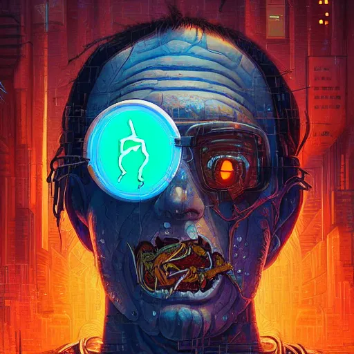 Image similar to pixel god cyberpunk apocalyptic portrait by gaston bussierre and charles vess and james jean and erik jones and rhads, inspired by rick and morty, epic, funny, huge scale, beautiful fine face features, intricate high details, sharp, ultradetailed