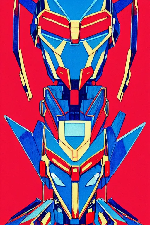 Image similar to risograph grainy painting of gigantic huge evangelion - like gundam mech face, with huge earrings and rings around head with a lot of details, covered with rich jewelry, blue hour, twilight, by moebius and dirk dzimirsky and satisho kon, close - up wide portrait