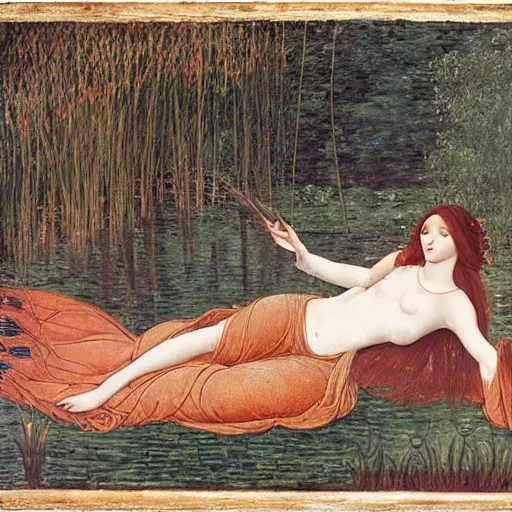 Image similar to ophelia, laying flat submerged in water floating down the river amongst the reeds, fully covered in robes and lake foliage weeds reeds fully clothed in flowing medieval robes, by botticelli devinci rosetti and monet, 8 k