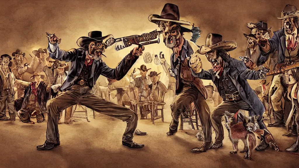 Image similar to photorealistic full - color storybook illustration of : during a hoedown at a saloon in the old west, an angry anthropomorphic raccoon dressed as a cowboy is having a duel with “ daniel day - lewis ” and they are holding revolvers. frightened “ nancy reagan ” is watching them. color professional hyper - realistic drawing.