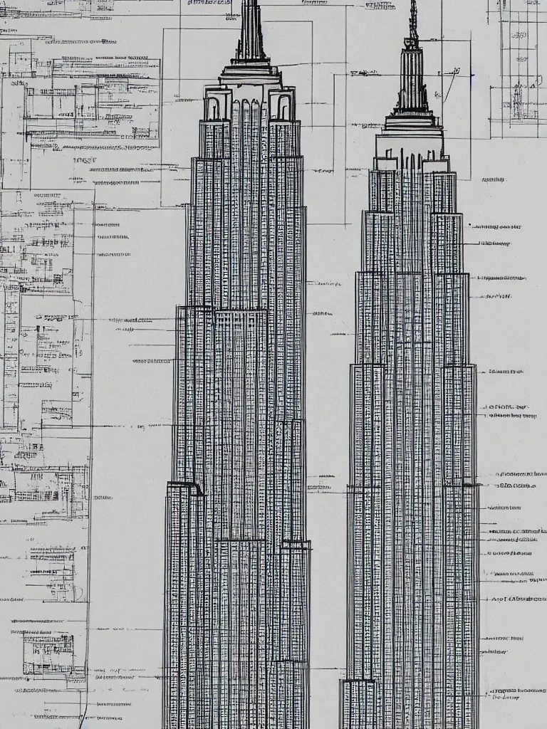 Image similar to Architecture blueprint copy, Empire State Building. Vertical cut. Technical drawing