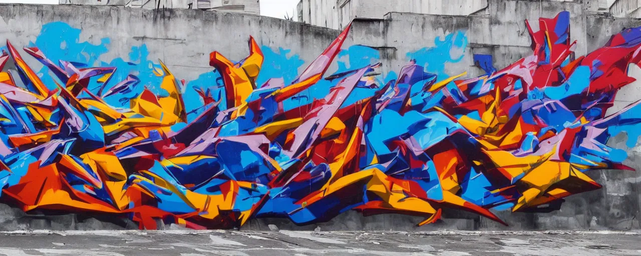Prompt: a mural by daim, loomit and sat one, street art style, graffiti, hyperdetailed, colorful, 3 d, perspective, dynamic, explosive