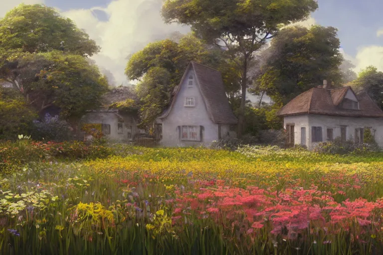 Prompt: a painting of a house in a field of flowers, a matte painting by studio ghibli, cgsociety, magical realism, matte painting, unreal engine 5