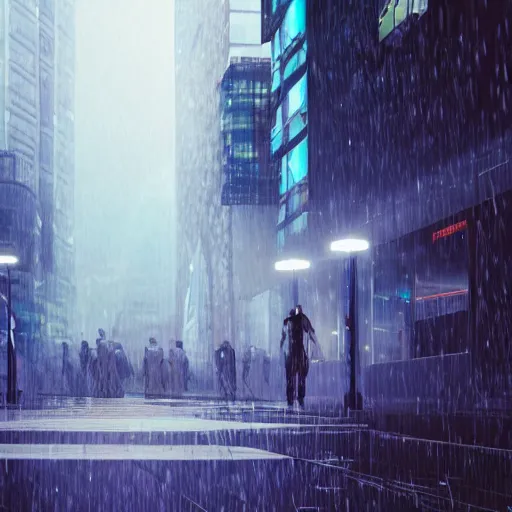 Image similar to a photo of a robot in a futuristic city its raining, vaporware style