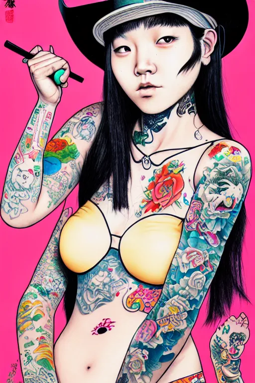 Image similar to full view of taiwanese girl with tattoos, wearing a cowboy hat, style of yoshii chie and hikari shimoda and martine johanna and will eisner, highly detailed