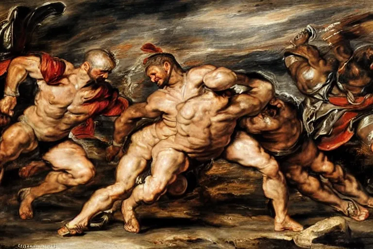 Prompt: a realistic painting of two gladiators fighting each other inside the colosseum, hot weather, brutal fight, extreme detail, action pose Peter Paul Rubens