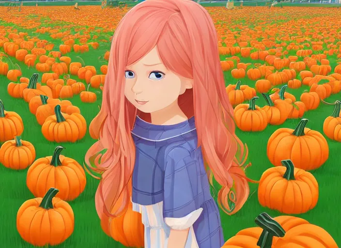 Image similar to little girl with long blonde hair visiting a pumpkin patch. she is facing away from the viewer. clean cel shaded vector art. shutterstock. behance hd by lois van baarle, artgerm, helen huang, by makoto shinkai and ilya kuvshinov, rossdraws, illustration, art by ilya kuvshinov