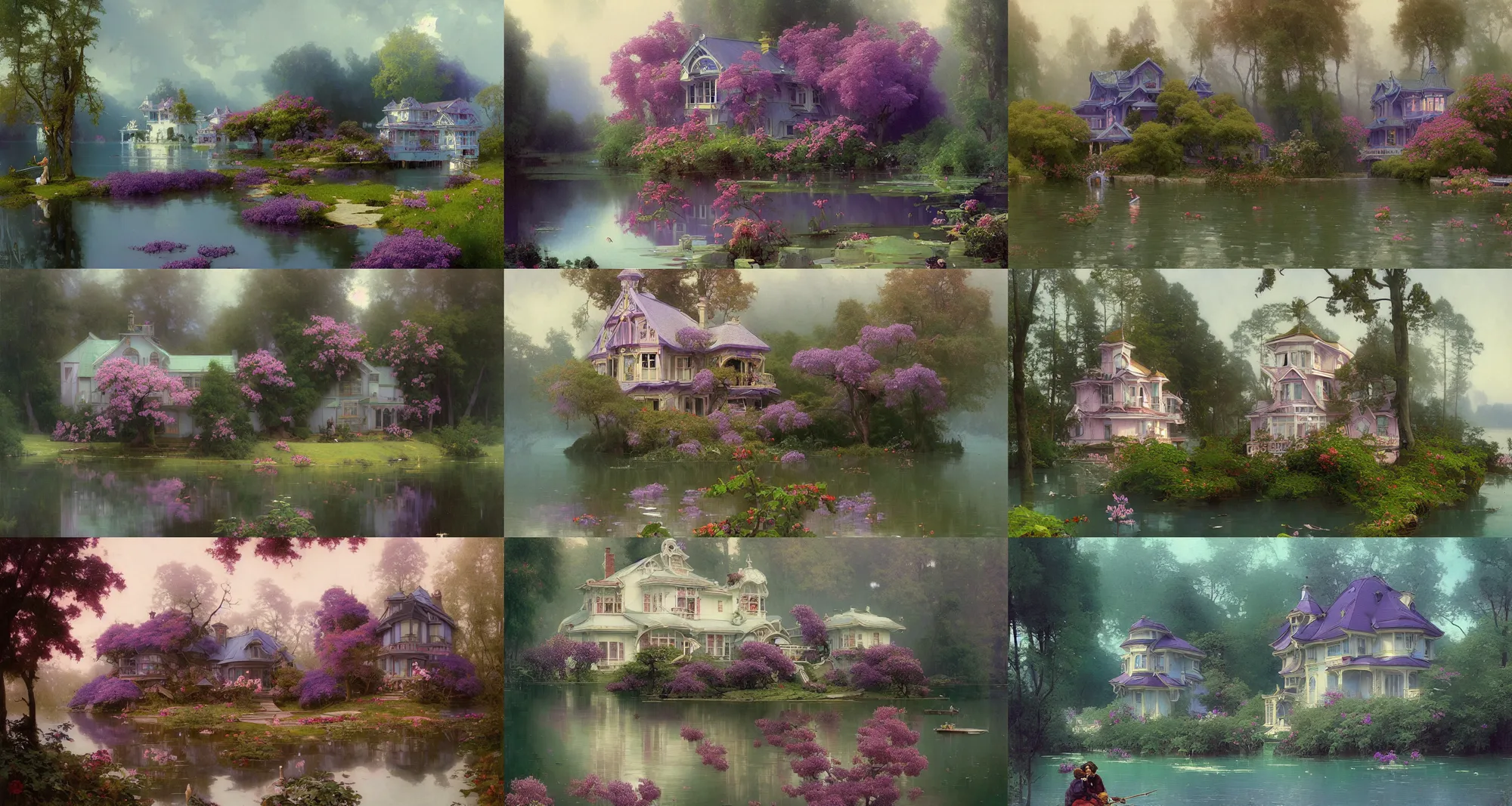 Prompt: small lake house in lilac bushes, art nouveau architecture, fantasy, art by joseph leyendecker, peter mohrbacher, ivan aivazovsky, ruan jia, reza afshar, marc simonetti, alphonse mucha