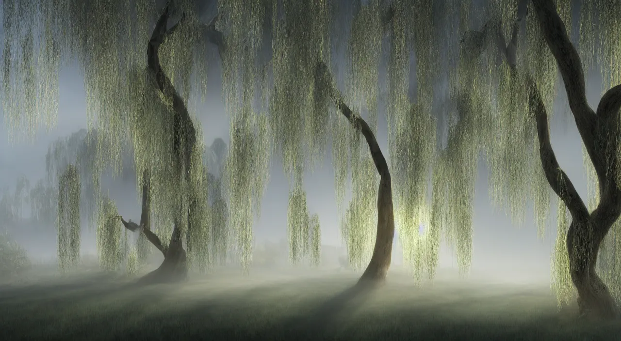 Prompt: photorealistic matte painting misty weeping willow overgrowth undergrowth jagged rock features volumetric fog light rays high contrast dawn mr burns