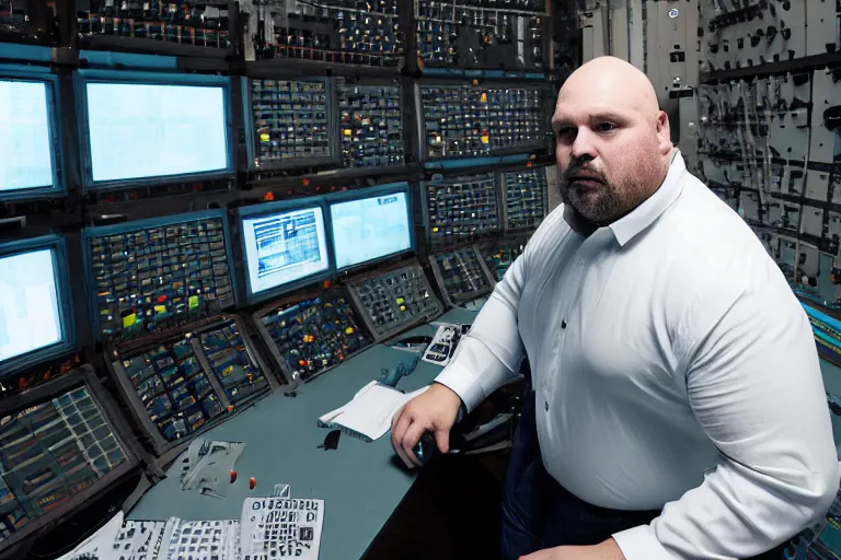 Image similar to heavyset bald man wearing a white shortsleeved shirt and blue jeans working in a nuclear silo control room by Emmanuel Lubezki