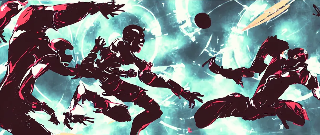 Image similar to futuristic black samurai time traveling fighting zombi football players, viper-wave style